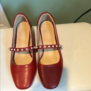 Red Mary Jane Flats with Pearl Strap